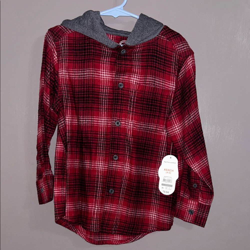 wonder nation Red Plaid Button-Up Shirt with Gray Hood kids size XS